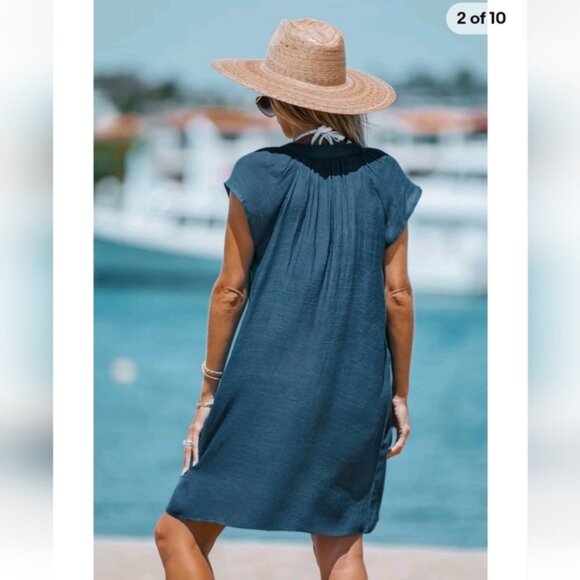 Cupshe Blue Relaxed Tunic Swim Coverup Sz Medium NEW - Picture 2 of 13
